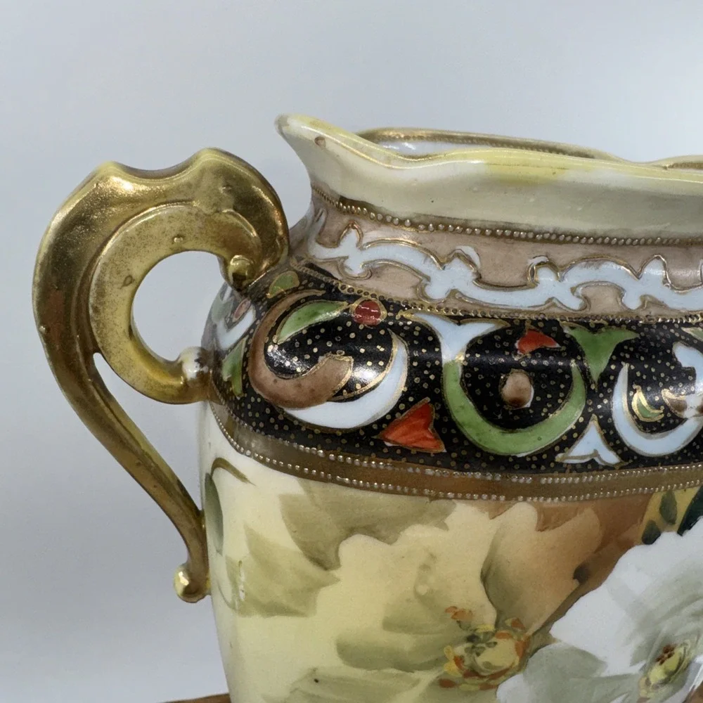 Vase Antique Nippon‎ Hand-Painted Porcelain w/Double Handle Floral Gold Gilt